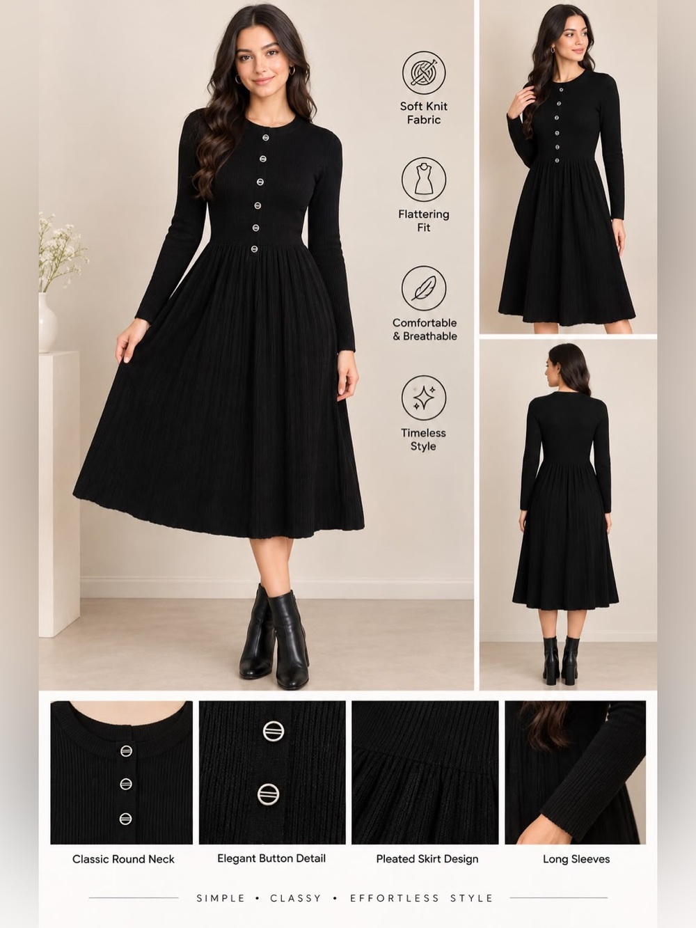 Lemon Black Ribbed Long-Sleeve Midi Dress with Silver Buttons